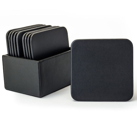 Black Leather 10 Square Coaster Set With Holder